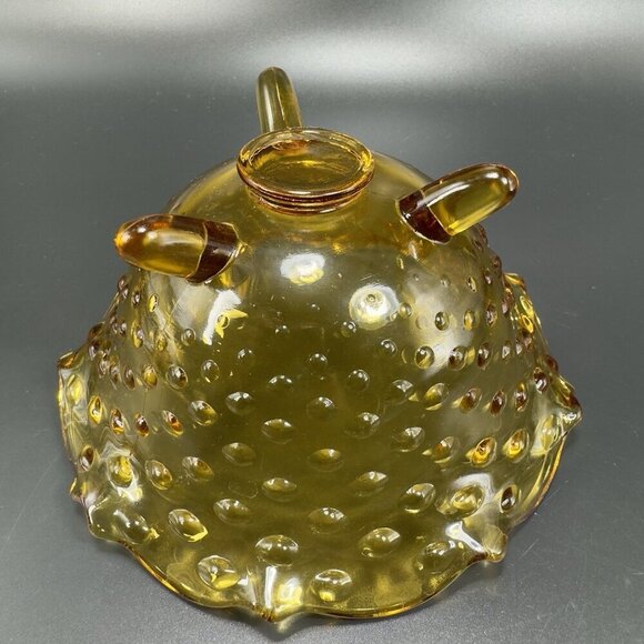 Vintage 3 Toed Hobnail Amber Footed Dish Bowl Container Wavy Edges Decor VTG - Picture 9 of 12